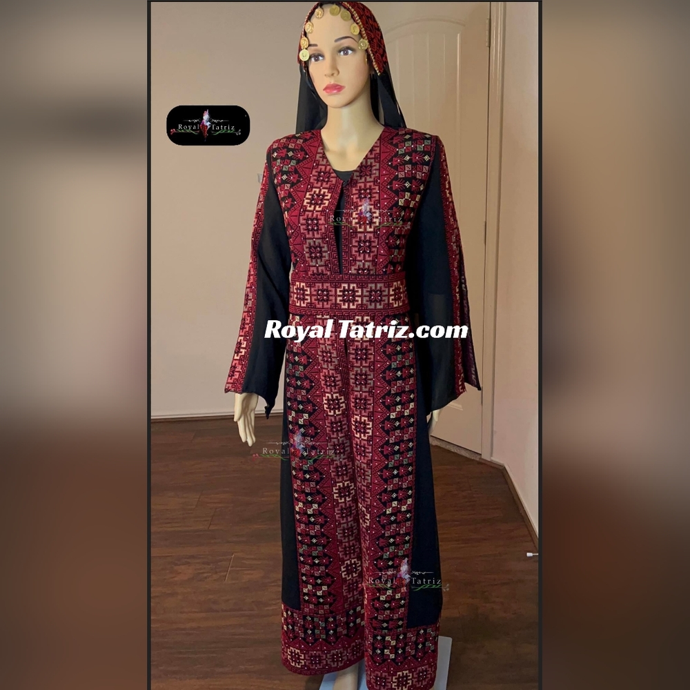 Tatreez Bisht Black/Red Embroidered Palestinian .